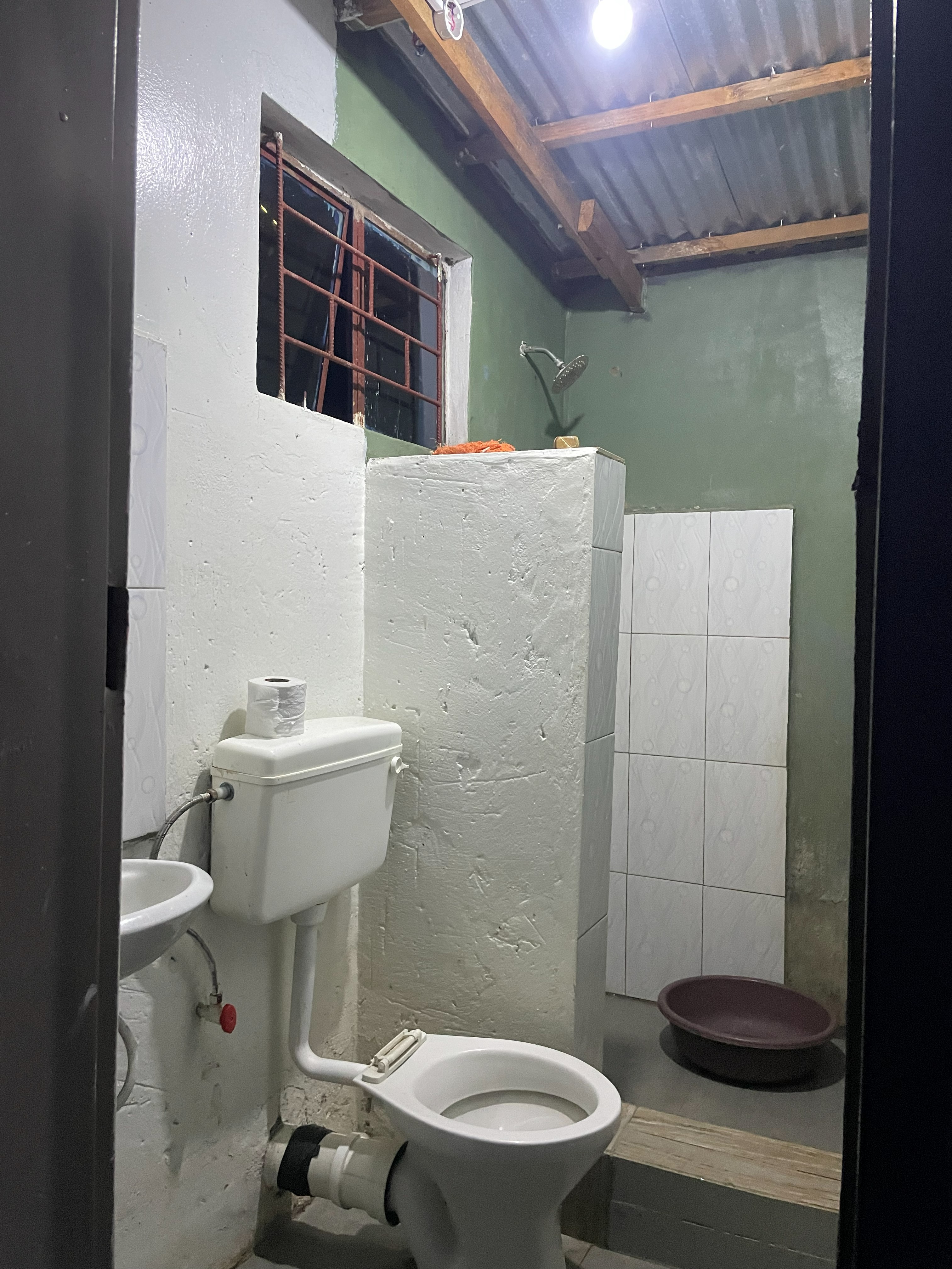 Inside the shared ablution: flush toilet, basin and shower